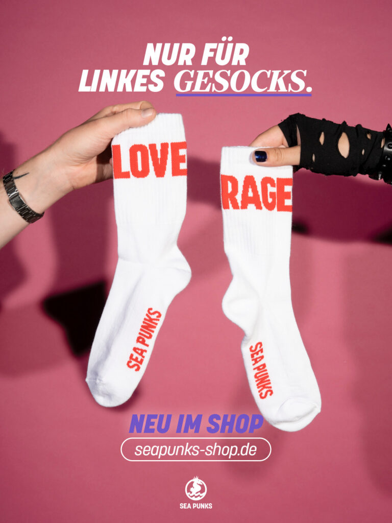 White socks reading “Love” and “Rage” – new in the Sea Punks shop