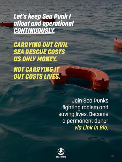 orange life vests swim in blue meditarranean, in front text